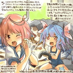Rule 34 | 10s, 2girls, :3, :d, ;d, animal, blue hair, commentary request, dated, fang, hamster, i-19 (kancolle), i-58 (kancolle), kantai collection, kirisawa juuzou, long hair, multiple girls, name tag, one eye closed, open mouth, pink hair, red eyes, sailor collar, school swimsuit, school uniform, sea slug, serafuku, short hair, short sleeves, smile, star-shaped pupils, star (symbol), swimsuit, symbol-shaped pupils, traditional media, translation request, tri tails, twitter username