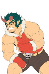 Rule 34 | 1boy, bara, bare shoulders, belt, blue hair, blush, broken horn, brown shorts, bulge, covered abs, dark blue hair, demon boy, demon horns, facial hair, fang, fiery horns, flat color, forked eyebrows, fur-trimmed sleeves, fur trim, horns, jewelry, kito (clamp5656), large pectorals, long sideburns, male focus, muscular, muscular male, necklace, official alternate costume, one eye closed, pectorals, santa costume, scar, scar on neck, short hair, shorts, sideburns, sleeveless, solo, spread legs, stubble, takemaru (housamo), thick eyebrows, thighs, tokyo houkago summoners, white background