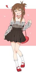 Rule 34 | 1girl, ^ ^, ^o^, alternate costume, bag, bare shoulders, black skirt, bobby socks, brown hair, casual, closed eyes, collarbone, detached sleeves, folded ponytail, full body, handbag, happy, heart, highres, inazuma (kancolle), jewelry, kantai collection, long hair, long sleeves, looking at viewer, mary janes, necklace, nel-c, off-shoulder shirt, off shoulder, plaid, plaid shirt, pleated skirt, red footwear, round teeth, shirt, shoes, sidelocks, simple background, skirt, skirt tug, socks, solo, standing, teeth, two-tone background, unmoving pattern, white socks