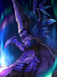 Rule 34 | 1boy, armor, asymmetrical wings, aurora, baten kaitos, blue eyes, blue hair, covered mouth, fighting stance, gloves, holding, holding weapon, kalas (baten kaitos), looking at viewer, male focus, mechanical wings, night, night sky, puffy sleeves, short hair, sky, solo, star (sky), starry sky, tsukiyumi, weapon, wings, yellow cloak
