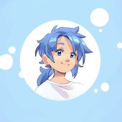 Rule 34 | 1boy, blouse, blue-haired boy (how to draw manga), blue background, blue eyes, blue hair, blue theme, child, closed mouth, colored eyelashes, derivative work, hair intakes, hair tie, happy, highres, how to draw manga, how to draw manga redraw challenge (meme), jen (otaku 553), jpeg artifacts, long hair, looking at viewer, male focus, matching hair/eyes, meme, ponytail, portrait, shirt, sidelocks, simple background, smile, solo, two-tone background, upper body, white shirt