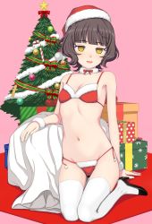 Rule 34 | 1girl, alternate costume, bikini, blunt bangs, blush, box, breasts, brown eyes, brown hair, choker, christmas, christmas ornaments, christmas tree, commentary, fur trim, gift, gift box, hat, high heels, highres, kantai collection, kishinami (kancolle), kumadano, looking at viewer, navel, open mouth, red bikini, sack, santa bikini, santa costume, santa hat, short hair, side-tie bikini bottom, small breasts, smile, solo, string bikini, swimsuit, symbol-only commentary, thighhighs, wavy hair, white thighhighs