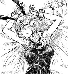 Rule 34 | 1girl, animal ears, armpits, arms up, blush, bow, bowtie, breasts, character name, charlotte e. yeager, detached collar, english text, fake animal ears, greyscale, large breasts, leotard, long hair, monochrome, playboy bunny, rabbit ears, ryou (shirotsumesou), solo, strike witches, sweat, sweatdrop, world witches series, wrist cuffs