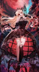 Rule 34 | 1girl, alternate costume, arm up, bare shoulders, black dress, black ribbon, black thighhighs, blonde hair, blue fire, bone, breasts, cage, check commentary, chiachun0621, cloud, commentary request, crinoline, dark persona, dress, ereshkigal (fate), fate/grand order, fate (series), fire, flower, flower over eye, hair ribbon, highres, holding, holding cage, large breasts, long hair, looking at viewer, moon, night, night sky, open mouth, outdoors, parted bangs, red eyes, red flower, red moon, red rose, ribbon, rose, single thighhigh, sky, slit pupils, solo, star (sky), thighhighs, tiara, two side up