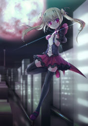 Rule 34 | 1girl, bat (animal), black gloves, black thighhighs, blonde hair, brooch, cityscape, fang, full moon, gloves, hair ribbon, jewelry, leg up, moon, navel, night, original, red eyes, red moon, ribbon, satou kuuki, shoes, short twintails, skirt, smile, solo, symbol-shaped pupils, thighhighs, twintails