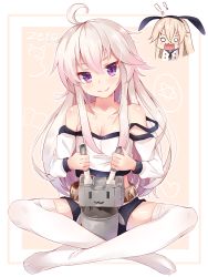 Rule 34 | 10s, 2girls, ahoge, bare shoulders, blonde hair, blush, breasts, cleavage, creator connection, crossover, hairband, highres, kantai collection, long hair, looking at viewer, multiple girls, nahaki, off shoulder, open mouth, purple eyes, rensouhou-chan, shimakaze (kancolle), sitting, small breasts, smile, white hair, zero (zero kara hajimeru mahou no sho), zero kara hajimeru mahou no sho