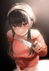 Rule 34 | 1girl, 7d7y7, :q, absurdres, backlighting, bare shoulders, black hair, blush, breasts, furrowed brow, hairband, highres, holding, holding knife, kitchen knife, knife, large breasts, leaning forward, long hair, looking at viewer, no pants, off-shoulder sweater, off shoulder, red eyes, red sweater, sidelocks, solo, spy x family, sweater, tongue, tongue out, white hairband, yor briar