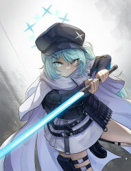 Rule 34 | 1girl, absurdres, blue archive, breasts, energy sword, green eyes, green hair, halo, highres, hiyori (blue archive), large breasts, lightsaber, long hair, looking at viewer, school uniform, solo, sword, thighs, weapon, wnsgur6686