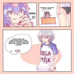 Rule 34 | 2girls, ass, black panties, blue eyes, book, bow, braid, chair, comic, desk, english text, fang, fang out, green bow, grey hair, hat, highres, izayoi sakuya, light purple hair, looking at another, looking away, looking down, mega milk, mob cap, multiple girls, nail polish, open mouth, panties, red eyes, red nails, remilia scarlet, short hair, sitting, smile, speech bubble, text focus, touhou, twin braids, underwear, yoruny