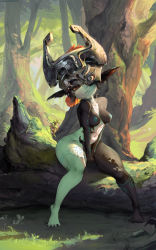 Rule 34 | 1girl, absurdres, blue nipples, breasts, colored nipples, colored sclera, colored skin, cutesexyrobutts, forest, glowing markings, helmet, highres, long ears, midna, multicolored skin, nature, neon trim, nintendo, nipples, pointy ears, red eyes, small breasts, the legend of zelda, third-party edit, tree, two-tone skin, yellow sclera