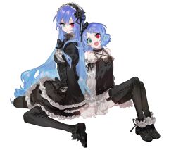 Rule 34 | 2girls, :d, anti the infinite holic (vocaloid), back-to-back, bad id, bad pixiv id, bare shoulders, black flower, black footwear, black rose, blue hair, blush, camisole, detached sleeves, dress, flower, frilled dress, frilled hairband, frills, full body, garter straps, gothic lolita, green eyes, hair flower, hair ornament, hairband, hairclip, heterochromia, kagamine rin, lolita fashion, long hair, looking at viewer, lunch (lunchicken), megurine luka, multiple girls, open mouth, pale skin, pantyhose, parted lips, red eyes, rose, shoes, short hair, sitting, smile, thighhighs, transparent background, very long hair, vocaloid
