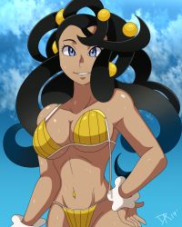 Rule 34 | 1girl, bare arms, bare shoulders, bikini, black hair, blue eyes, blue sky, breasts, cleavage, cloud, collarbone, cowboy shot, creatures (company), dahlia (pokemon), dalley-the-alpha, dark-skinned female, dark skin, dated, eyelashes, female focus, frontier brain, game freak, groin, hair ornament, hand on own hip, highres, hip focus, large breasts, long hair, looking at viewer, navel, navel piercing, nintendo, parted lips, piercing, pokemon, pokemon dppt, pokemon platinum, scrunchie, signature, sky, solo, stomach, sweat, swimsuit, wrist scrunchie, yellow bikini