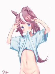 Rule 34 | absurdres, animal ears, artist name, blue eyes, bottomless, brown hair, chi (luckyeric320), clothes in mouth, clothes lift, double v, groin, highres, horse ears, lifted by self, mouth hold, multicolored hair, naked shirt, navel, out-of-frame censoring, ponytail, protected link, shirt, shirt in mouth, shirt lift, signature, simple background, streaked hair, t-shirt, tokai teio (umamusume), umamusume, v, white background