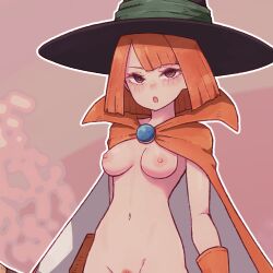 Rule 34 | 1girl, asymmetrical bangs, blush, breasts, cloak, commentary, cropped, dragon quest, dragon quest iii, english commentary, female pubic hair, gloves, lamb-oic029, looking at viewer, mage (dq3), medium breasts, naked cloak, navel, nipples, nude, orange cloak, orange gloves, orange hair, out-of-frame censoring, pubic hair, pubic hair peek, solo