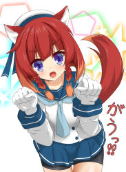 Rule 34 | 10s, animal ears, beret, bike shorts, braid, etorofu (kancolle), fox ears, fox tail, gloves, hat, highres, kantai collection, kemonomimi mode, looking at viewer, open mouth, poyo (codesion), purple eyes, red hair, school uniform, shorts under skirt, solo, tail, twin braids