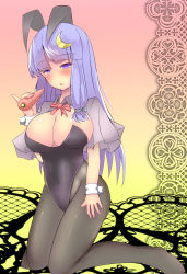 Rule 34 | 1girl, animal ears, black leotard, black pantyhose, bow, bowtie, breasts, capelet, carrot, cleavage, crescent, detached collar, highres, large breasts, leotard, long hair, pantyhose, patchouli knowledge, playboy bunny, purple eyes, purple hair, rabbit ears, solo, souma (ordures), touhou, wrist cuffs