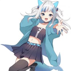 Rule 34 | 1girl, :d, animal ears, animated, belt, belt buckle, black skirt, black thighhighs, blinking, blue eyes, blue hair, buckle, cat ears, choker, fins, fish tail, gawr gura, headphones, hololive, hololive english, live2d, looking at viewer, looping animation, midriff, mochizuki mochi, multicolored hair, navel, open mouth, outstretched hand, pleated skirt, shark tail, sharp teeth, simple background, skirt, smile, solo, streaked hair, tail, teeth, thighhighs, video, virtual youtuber, white background, winking (animated)