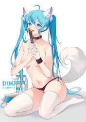 Rule 34 | 1girl, absurdres, animal ear fluff, animal ears, aqua eyes, aqua hair, aqua nails, bdsm, belly, bikini, black panties, blush, bowl, breasts, censored, censored nipples, collar, convenient censoring, cuffs, dog ears, dog girl, dog tail, earrings, food, full body, hair ornament, hatsune miku, highres, holding, holding food, jewelry, kemonomimi mode, licking, long hair, looking at viewer, medium breasts, milk carton, nail polish, navel, no shoes, own hands together, panties, pet bowl, pet food, piercing, pom pom (clothes), saliva, seiza, sexually suggestive, side-tie bikini bottom, sitting, solo, stud earrings, swimsuit, tail, thighhighs, tongue piercing, topless, twintails, underwear, underwear only, very long hair, vocaloid, white background, white thighhighs, yayako (804907150)