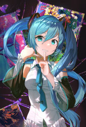 Rule 34 | 1girl, absurdres, black sleeves, blue eyes, blue hair, blue nails, blue necktie, breasts, collared shirt, commentary, detached sleeves, flower, grin, hair between eyes, hands up, hatsune miku, highres, long hair, long sleeves, medium breasts, mosta (lo1777789), nail polish, necktie, painting (object), shirt, sleeveless, sleeveless shirt, smile, solo, tie clip, twintails, very long hair, vocaloid, white shirt, wide sleeves, yellow flower
