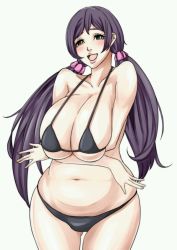 Rule 34 | 10s, 1girl, bikini, breasts, cleavage, female focus, gero 1992, green eyes, huge breasts, long hair, love live!, love live! school idol project, open mouth, plump, purple hair, smile, solo, swimsuit, tojo nozomi, twintails