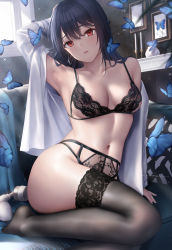 Rule 34 | 1girl, black bra, black hair, black panties, black thighhighs, blue butterfly, bra, bug, butterfly, couch, detached sleeves, foot out of frame, framed insect, hair between eyes, highres, indoors, insect, lips, long hair, looking at viewer, mhru, navel, no shoes, on couch, open clothes, open shirt, original, panties, parted lips, red eyes, shirt, sitting, solo, stomach, thighhighs, too many, too many butterflies, underwear, underwear only, white shirt