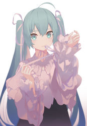 Rule 34 | 1girl, absurdres, ahoge, aqua eyes, aqua hair, black skirt, closed mouth, commentary, english commentary, frilled sleeves, frills, hair ribbon, hands up, hatsune miku, highres, long hair, long sleeves, looking at viewer, mouth hold, pink ribbon, pink shirt, ribbon, shirt, skirt, solo, twintails, tying necktie, upper body, very long hair, vocaloid, white background, white shirt, yaoku