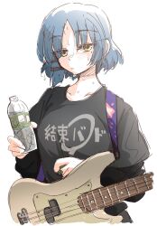 Rule 34 | 1girl, bass guitar, black shirt, blue hair, blush, bocchi the rock!, bottle, collarbone, fender precision bass, guitar, hair ornament, hairclip, hands up, hariyaa, highres, holding, holding bottle, instrument, kessoku band t-shirt, long sleeves, looking at viewer, mole, mole on neck, mole under eye, parted bangs, shirt, short hair, simple background, solo, sweat, white background, yamada ryo, yellow eyes