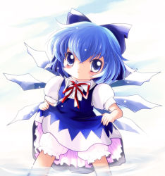 Rule 34 | 1girl, bloomers, blue eyes, blue hair, bow, cirno, clothes lift, dress, dress lift, hair bow, highres, looking at viewer, matching hair/eyes, short hair, solo, touhou, underwear, wading, yume shokunin