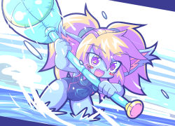 Rule 34 | 1girl, animal ears, blonde hair, blue skin, blush stickers, breasts, colored skin, fang, hammer, holding, holding hammer, inflatable toy, kayo!! (gotoran), league of legends, long hair, pointy ears, poppy (league of legends), purple eyes, solo, swimsuit, twintails, water, yordle