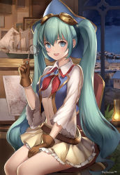 Rule 34 | 1girl, :d, aqua hair, bad id, bad pixiv id, belt, blue eyes, brown gloves, gloves, goggles, goggles on head, hatsune miku, highres, long hair, looking at viewer, making-of available, midriff, model ship, navel, open mouth, smile, solo, stella chen yui, teeth, very long hair, vocaloid