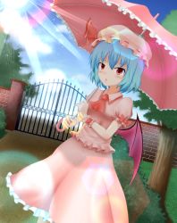 Rule 34 | 1girl, :&lt;, arms up, asasin1, ascot, bad id, bad pixiv id, bat wings, blouse, blue hair, blue sky, blush, brick wall, bush, cloud, day, dutch angle, female focus, frills, gate, grass, hat, hat ribbon, highres, holding, lens flare, light particles, looking at viewer, outdoors, parasol, path, puffy sleeves, red eyes, remilia scarlet, ribbon, road, shirt, short hair, short sleeves, skirt, sky, solo, sun, torievna, touhou, tree, umbrella, wings, wrist cuffs