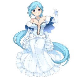 Rule 34 | 1girl, absurdly long hair, arm up, blue eyes, blue hair, breasts, center opening, dress, elbow gloves, full body, gloves, highres, jewelry, large breasts, light blue hair, long hair, looking at viewer, navel, necklace, official art, simple background, smile, solo, strapless, strapless dress, very long hair, white background, white dress, white gloves, youkai hyakki-tan!
