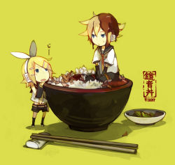 Rule 34 | 1boy, 1girl, blonde hair, blue eyes, bow, bowl, boy in food, brother and sister, chopsticks, food, glider (artist), guraida, hair bow, headphones, in bowl, in container, in food, kagamine len, kagamine rin, mini person, miniboy, minigirl, rice, siblings, twins, vocaloid