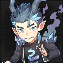 Rule 34 | 1boy, black hair, blue eyes, dragon boy, dragon horns, highres, horns, looking to the side, male focus, official art, pale skin, pointy ears, polygon project, solo, virtual youtuber, weapon, xxun (polygon)