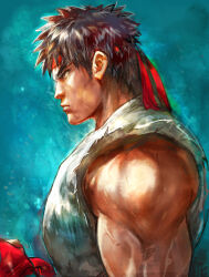 Rule 34 | 1boy, blue background, boxing gloves, brown eyes, brown hair, clenched hand, closed mouth, dougi, from side, gloves, headband, highres, male focus, muscular, muscular male, orushibu, red gloves, red headband, ryu (street fighter), short hair, street fighter, upper body, veins, veiny arms