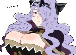 Rule 34 | 1girl, breasts, camilla (fire emblem), cleavage, fire emblem, large breasts, long hair, looking at viewer, nintendo, one eye covered, purple eyes, purple hair, rem (eyes 410), solo, upper body, white background