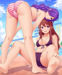 Rule 34 | 2girls, ass, bare shoulders, barefoot, bent over, bikini, blush, bra, breasts, brown hair, cameltoe, feet, from behind, hair over one eye, long hair, looking at viewer, multiple girls, neri sachiko, one-piece swimsuit, open mouth, original, panties, polka dot, polka dot bra, polka dot panties, polka dot swimsuit, purple eyes, purple hair, shiny skin, smile, striped bra, striped clothes, striped panties, swimsuit, underwear