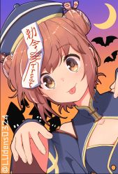 Rule 34 | 1girl, alternate costume, bat (animal), brown eyes, brown hair, castle, cleavage cutout, clothing cutout, collarbone, commentary request, crescent moon, double bun, flat chest, gradient sky, hair bun, halloween costume, hat, highres, jiangshi, kantai collection, looking at viewer, ludens (inonaka koubou), moon, ofuda, open mouth, outstretched arms, purple sky, qingdai guanmao, short hair, silhouette, sky, solo, tan yang (kancolle), teeth, tongue, tongue out, twitter username, upper teeth only, yukikaze (kancolle), zombie pose