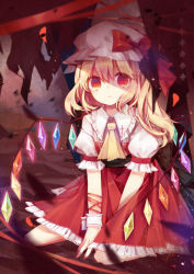 Rule 34 | 1girl, arm ribbon, ascot, blonde hair, bow, crying, dress, flandre scarlet, hat, hat bow, highres, kuromomo, looking at viewer, mob cap, puffy short sleeves, puffy sleeves, red dress, red eyes, ribbon, sash, short sleeves, side ponytail, sitting, solo, touhou, wariza, wings, wrist cuffs