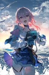 Rule 34 | 1girl, backlighting, black gloves, blue skirt, camera, cloud, cowboy shot, gloves, highres, holding, holding camera, honkai: star rail, honkai (series), jacket, long sleeves, looking at viewer, march 7th (honkai: star rail), meltyrice, outdoors, partially fingerless gloves, pink eyes, pink hair, pleated skirt, skirt, solo, sunrise, thighhighs, tied jacket, unfinished, water