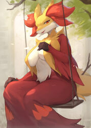 Rule 34 | 1girl, body fur, breasts, creatures (company), delphox, furry, furry female, game freak, gen 6 pokemon, highres, large breasts, lcshian, looking at viewer, navel, nintendo, patreon username, pokemon, pokemon (creature), red eyes, sitting, smile, solo, swing, tail