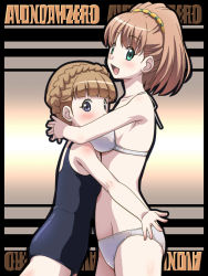 Rule 34 | 10s, 2girls, :d, aldnoah.zero, asseylum vers allusia, awa, bare shoulders, bikini, blush, body blush, breasts, brown hair, copyright name, earrings, eddelrittuo, green eyes, hairband, hug, jewelry, looking at viewer, medium breasts, multiple girls, open mouth, purple eyes, school swimsuit, shiny clothes, short hair, small breasts, smile, swimsuit