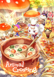 Rule 34 | 1girl, 4boys, :3, acorn, animal crossing, apple (animal crossing), ascot, bear boy, blush, blush stickers, bowl, cat boy, chef hat, closed mouth, commentary request, cooking, cooking pot, copyright name, egbert (animal crossing), food, furry, furry female, furry male, giant mushroom, grass, hamster girl, hat, highres, holding, holding bowl, jacket, ladder, leaf, light rays, long sleeves, marshal (animal crossing), multiple boys, mushroom, nintendo, open mouth, plaid, plaid shirt, punchy (animal crossing), raised eyebrows, red ascot, rock, shirt, sleeveless, sleeveless shirt, smile, spoon, squirrel boy, star (symbol), star print, stitches (animal crossing), suzaku (zaku6584), teeth, tree, upper teeth only, white headwear, white jacket, white shirt, wooden bowl, wooden spoon, x x