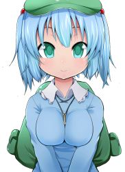 Rule 34 | 1girl, animated, animated gif, backpack, bag, between breasts, blinking, blue hair, blush, bouncing breasts, breasts, dress, emofuri, facing viewer, green eyes, hair bobbles, hair ornament, hat, huge filesize, kawashiro nitori, key, large breasts, long sleeves, looking at viewer, looking away, md5 mismatch, morochin (mo loss an), pocket, shirt, short hair, short twintails, simple background, skin tight, smile, solo, touhou, twintails, two side up, ugoira, upper body, v arms, white background