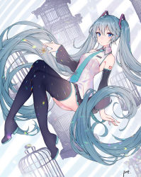 Rule 34 | 1girl, aqua hair, aqua necktie, arm at side, ass, bare shoulders, birdcage, black footwear, black sleeves, blue eyes, blush, boots, cage, closed mouth, collared shirt, colored eyelashes, detached collar, expressionless, full body, hair between eyes, hatsune miku, highres, key, layered skirt, long hair, looking at viewer, microskirt, necktie, number tattoo, pleated skirt, pre (preecho), see-through, shirt, shoulder tattoo, signature, skirt, solo, tattoo, thigh boots, thighhighs, twintails, two-tone background, upskirt, very long hair, vocaloid, white shirt