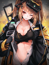 Rule 34 | 1girl, :3, backpack, bag, black gloves, black jacket, black shirt, breasts, brown hair, buttons, cleavage, collarbone, commentary, dress shirt, fingerless gloves, girls&#039; frontline, gloves, gun, h&amp;k ump, highres, jacket, large breasts, long hair, long sleeves, looking at viewer, midriff, name connection, navel, object namesake, open clothes, open jacket, open shirt, partially unbuttoned, pot-palm, red eyes, scar, scar across eye, scar on face, shirt, solo, submachine gun, sweat, tongue, tongue out, torn clothes, torn shirt, twintails, ump9 (girls&#039; frontline), weapon, weapon on back, white shirt