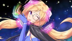 Rule 34 | 1girl, ;p, aki rosenthal, black cape, blonde hair, blue gloves, blush, bob cut, cape, dark background, detached hair, elbow gloves, gloves, haruka kuromiya, headgear, hololive, long hair, looking at viewer, low twintails, making-of available, monocle, one eye closed, open mouth, parted bangs, purple eyes, short hair, skin tight, solo, tongue, tongue out, twintails, upper body, virtual youtuber