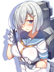 Rule 34 | 10s, 1girl, blue eyes, blush, breasts, gloves, hair ornament, hair over one eye, hairclip, hamakaze (kancolle), highres, kantai collection, large breasts, looking at viewer, personification, racer (magnet), school uniform, serafuku, short hair, silver hair, solo, white gloves