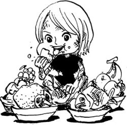 Rule 34 | 1girl, child, eating, food, jewelry bonney, lowres, monochrome, oda eiichirou, official art, one piece