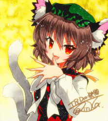 Rule 34 | 1girl, animal ear fluff, animal ears, bad id, bad pixiv id, bow, bowtie, brown hair, cat ears, cat tail, chen, dress, earrings, fang, fingernails, green hat, hair between eyes, hat, jewelry, licking, licking finger, long sleeves, looking at viewer, mob cap, multiple tails, open mouth, qqqrinkappp, red dress, red eyes, shadow, sharp fingernails, shikishi, shirt, short hair, signature, single earring, solo, tail, tongue, touhou, traditional media, two tails, upper body, white bow, white bowtie, white shirt, yellow background